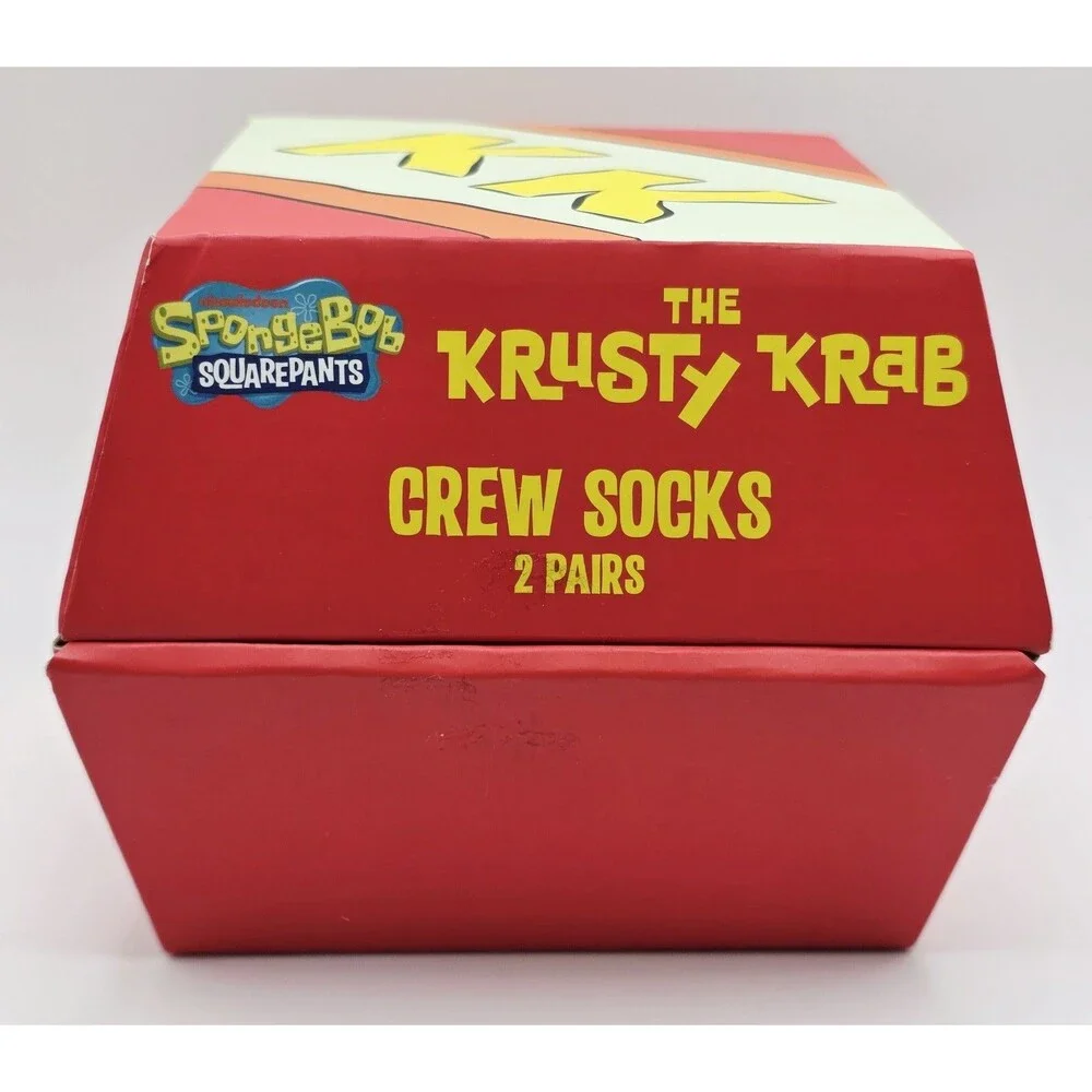 SpongeBob Krusty Krab Crew Socks 2 Pair Set Size 8-12 Nickelodeon Gift Box NEW